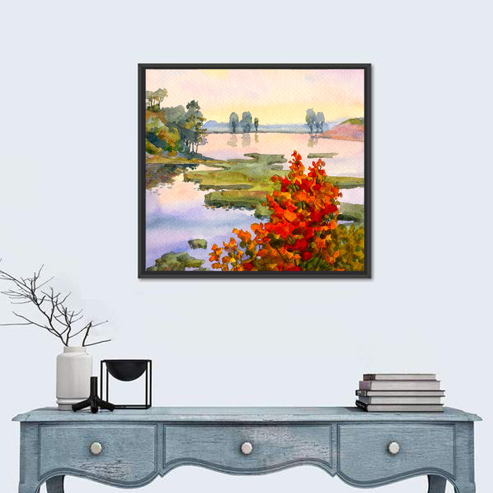 Autumn Lake Watercolor Wall Art in a room, square
