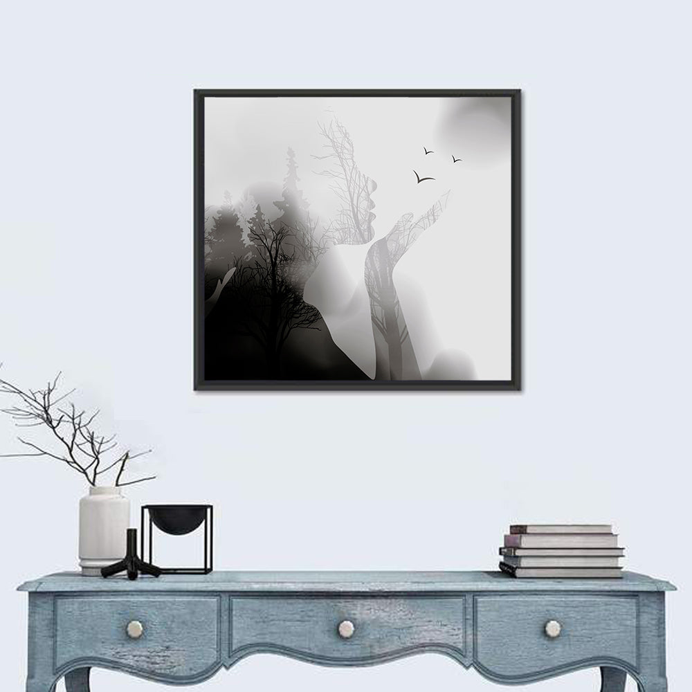 Woman Profile Forest Double Exposure Wall Art in a room, square