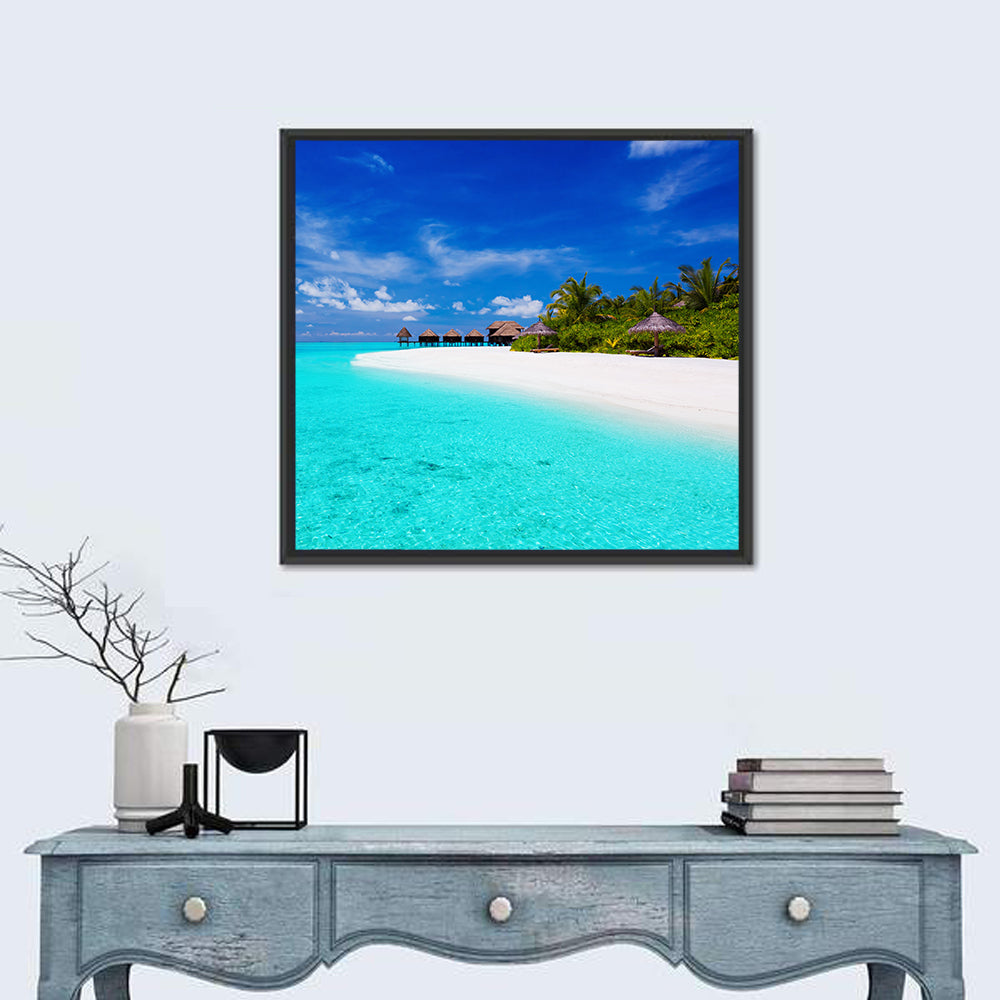 Turquoise Island with Water Bungalows Wall Art in a room, square