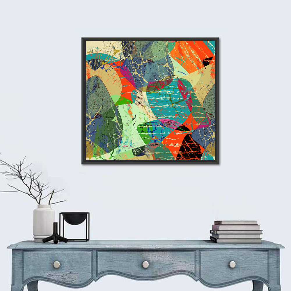 Vibrant Grunge Geometric Collage Wall Art in a room, square