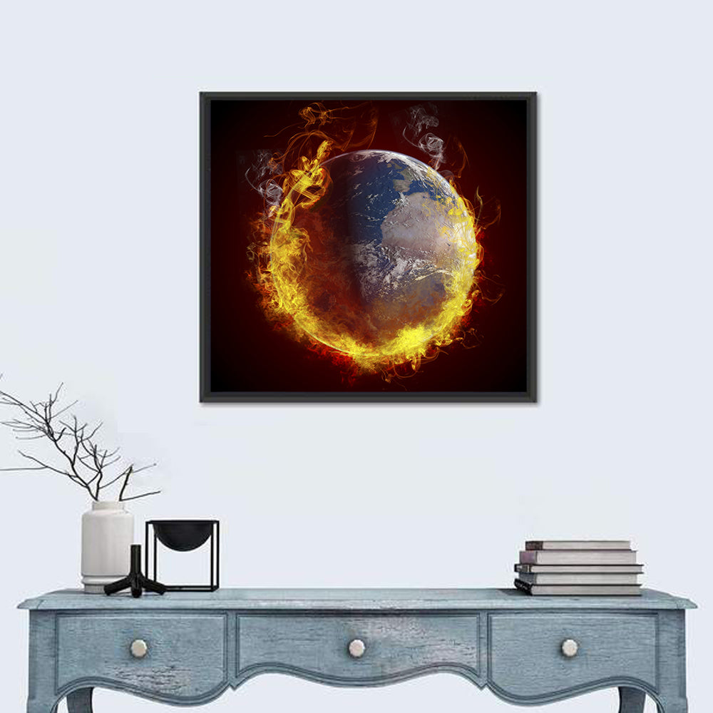Burning Planet Earth Wall Art in a room, square