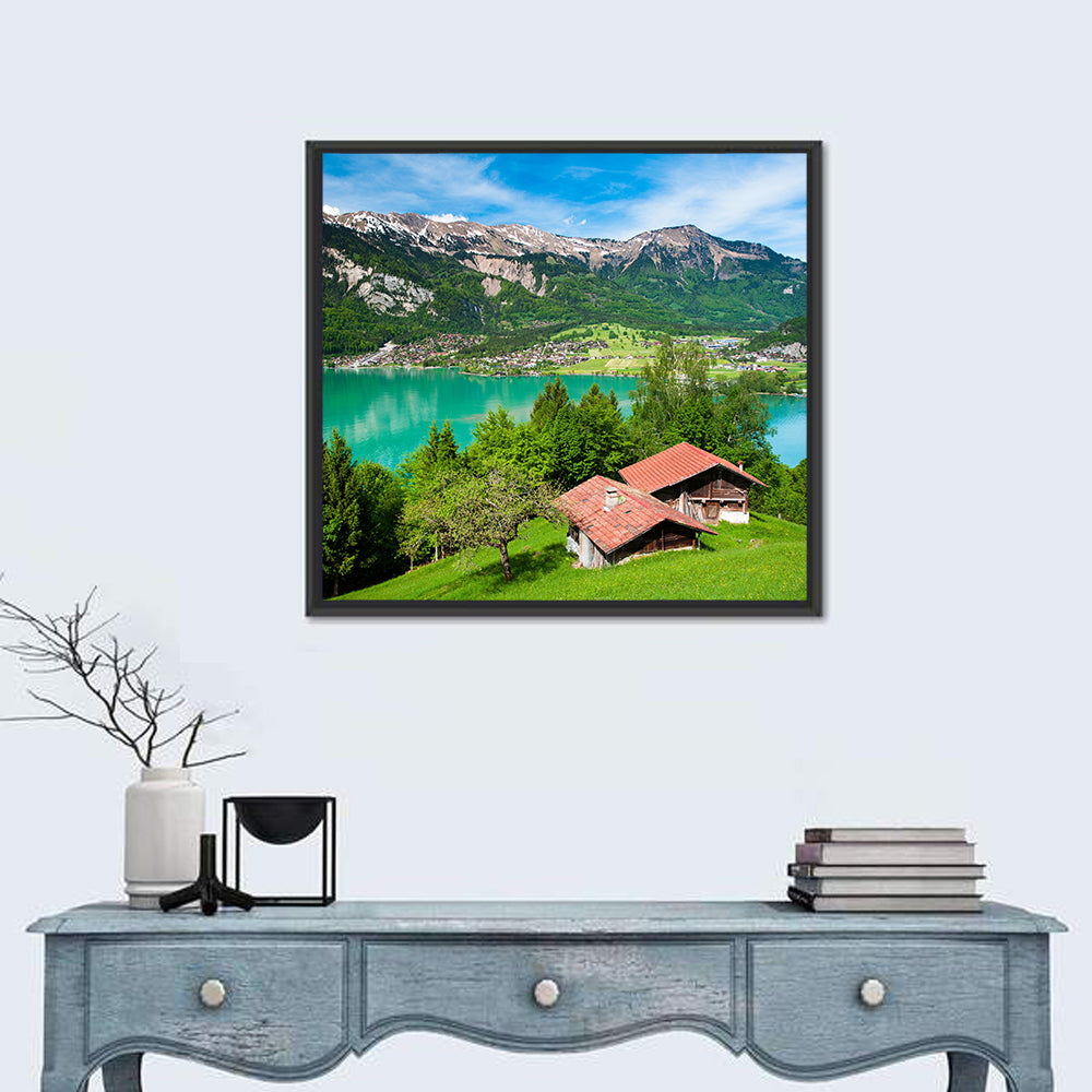 Lake Brienz with Alpine Cabins Wall Art in a room, square