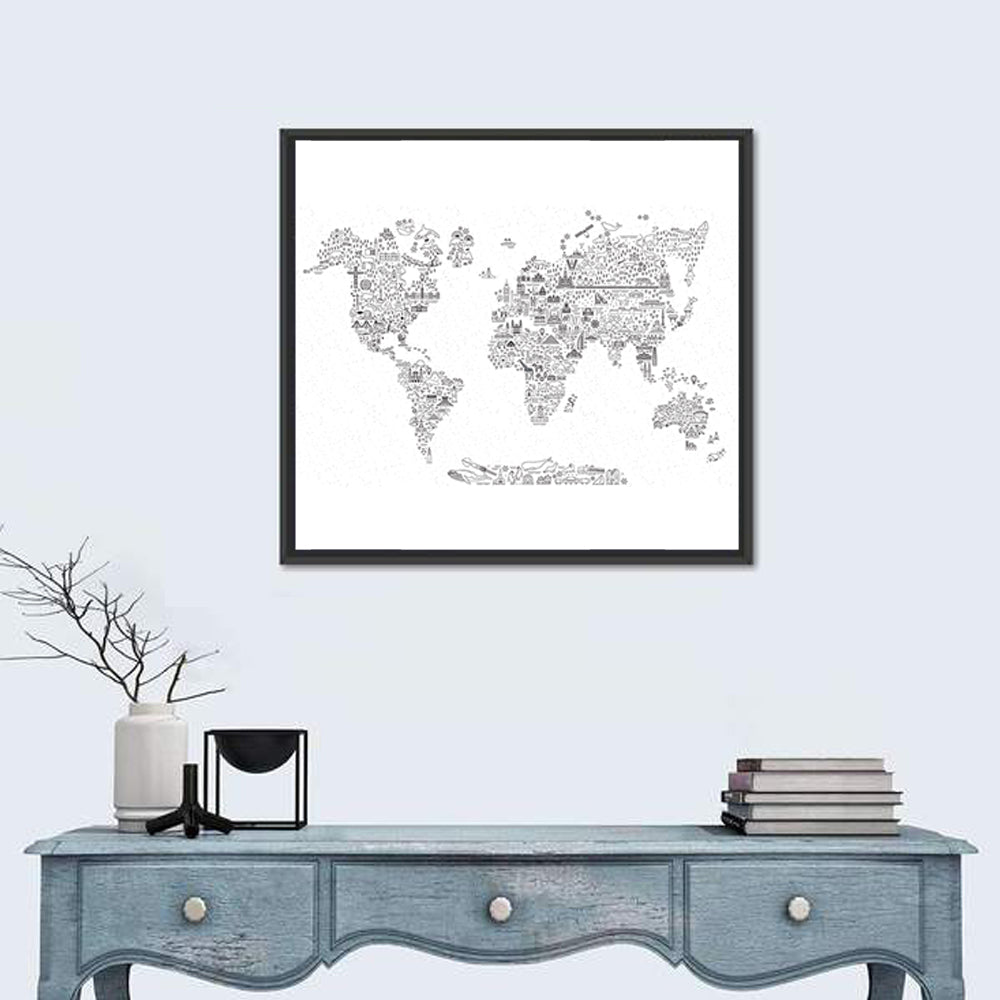 World Map of Travel Icons Wall Art in a room, square
