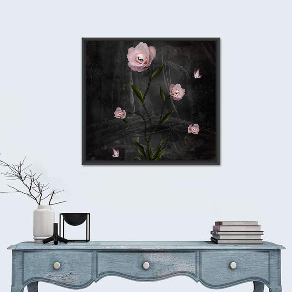 Surreal Pink Roses with Eyes Wall Art in a room, square
