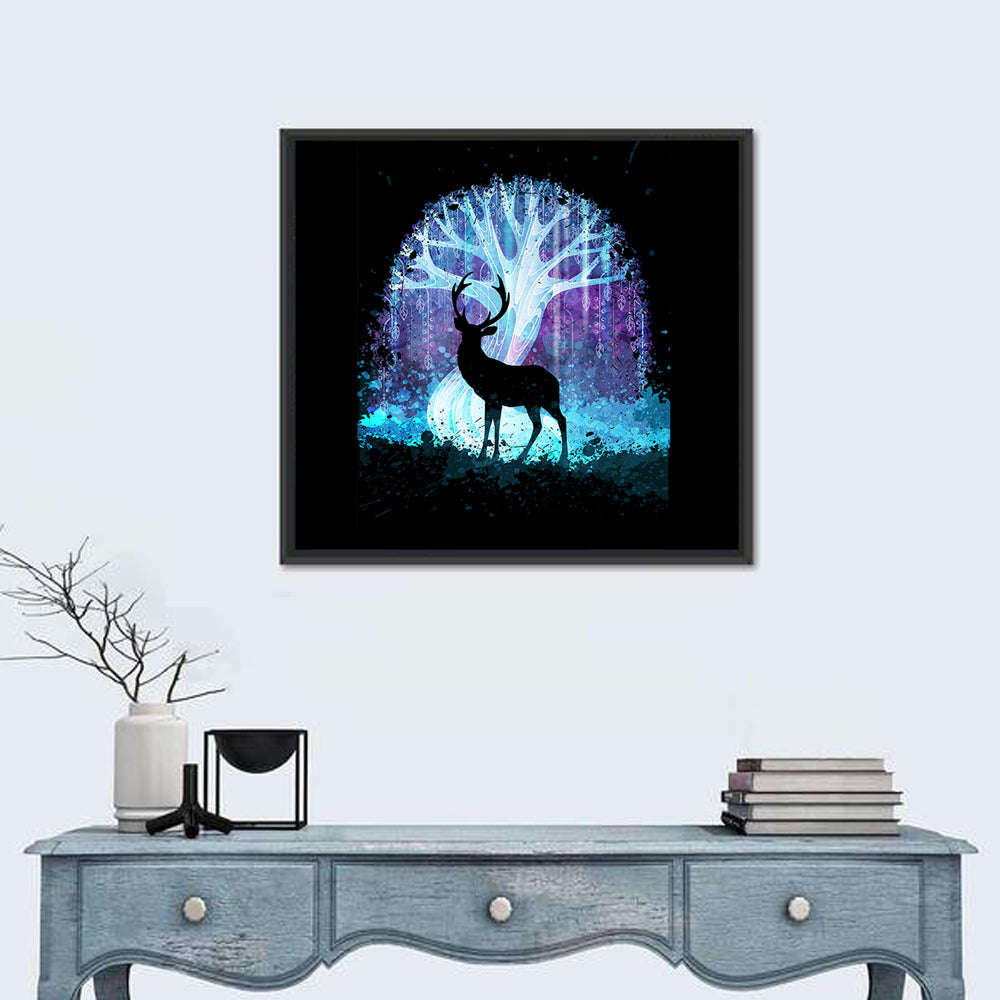 Deer Silhouette with Glowing Tree Wall Art in a room, square