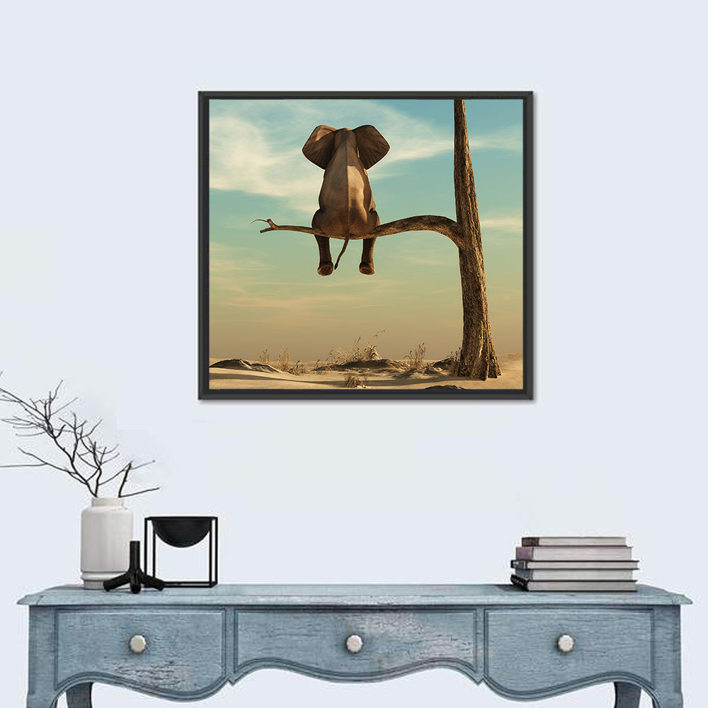 Solitary Elephant on a Tree Branch Wall Art in a room, square