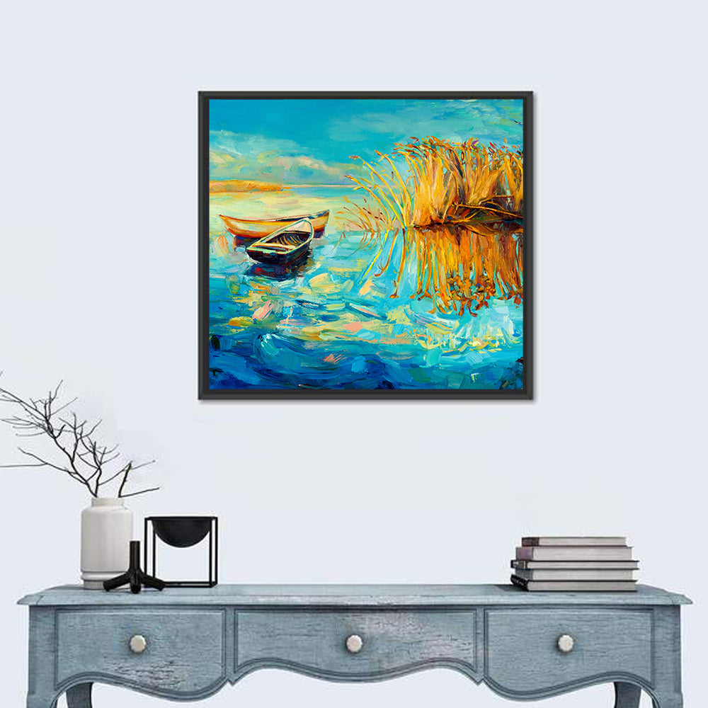 Rowboats and Reeds on Blue Lake Wall Art