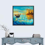 Rowboats and Reeds on Blue Lake Wall Art
