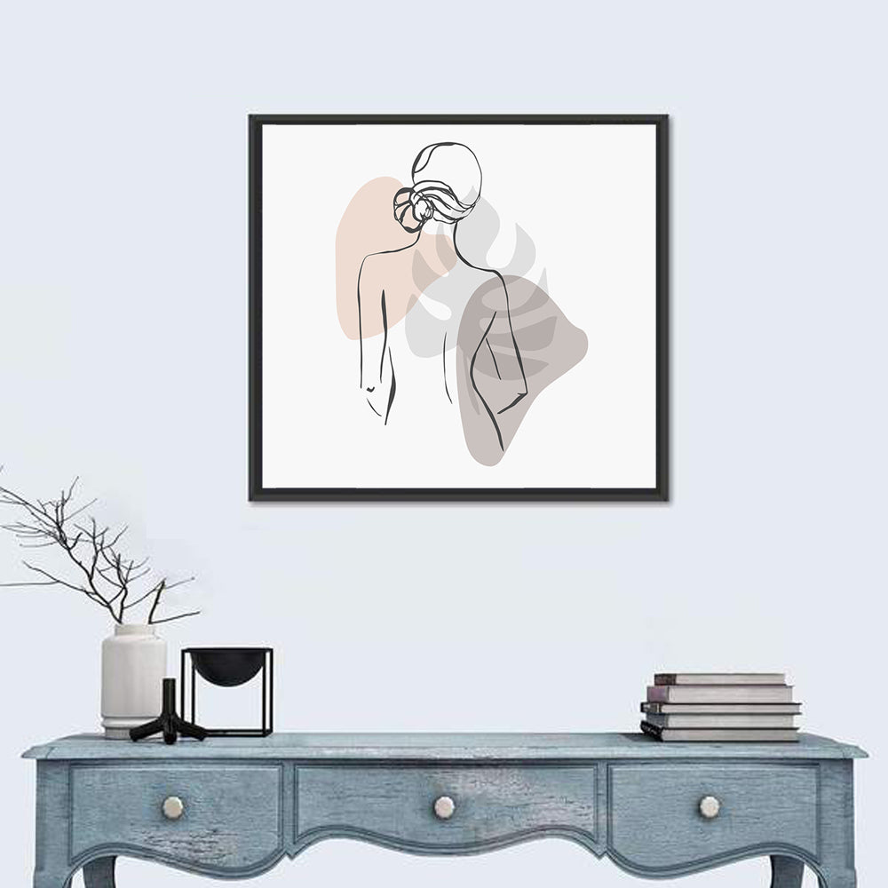 Continuous Line Woman with Monstera Leaf Wall Art in a room, square