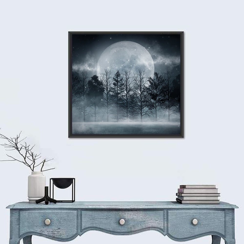 Full Moon Over Misty Forest Wall Art in a room, square