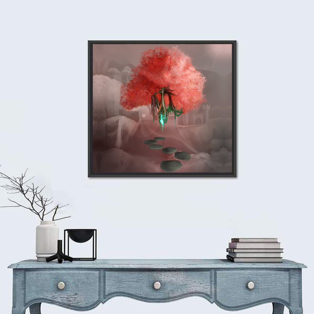 Floating Pink Tree Over Stone Path Wall Art in a room, square
