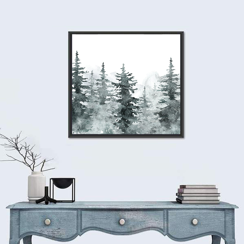 Snowy Pine and Spruce Forest Wall Art in a room, square