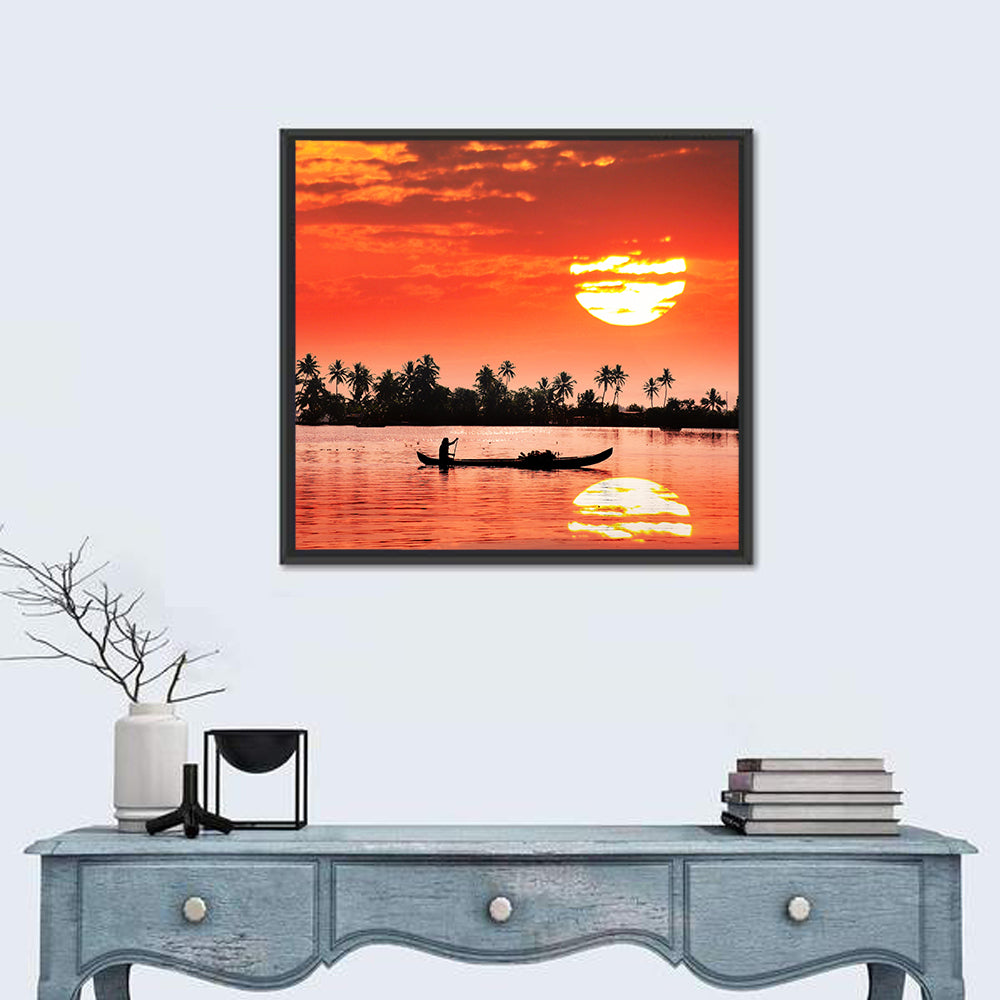 Silhouette Of Boat & Fisherman Wall Art