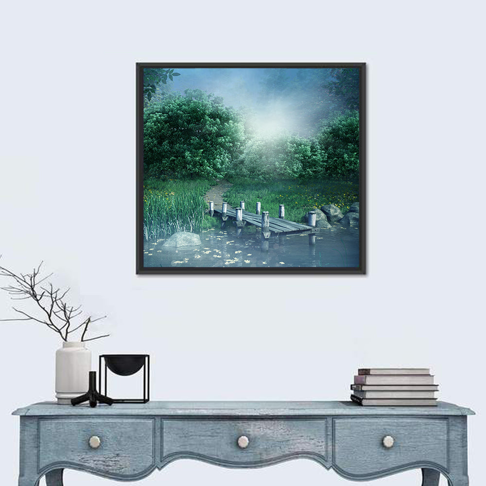 Misty Forest Lake with Wooden Bridge Wall Art in a room, square