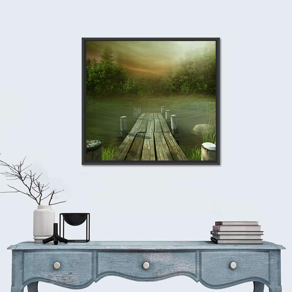 Wooden Jetty on Misty Lake Wall Art in a room, square