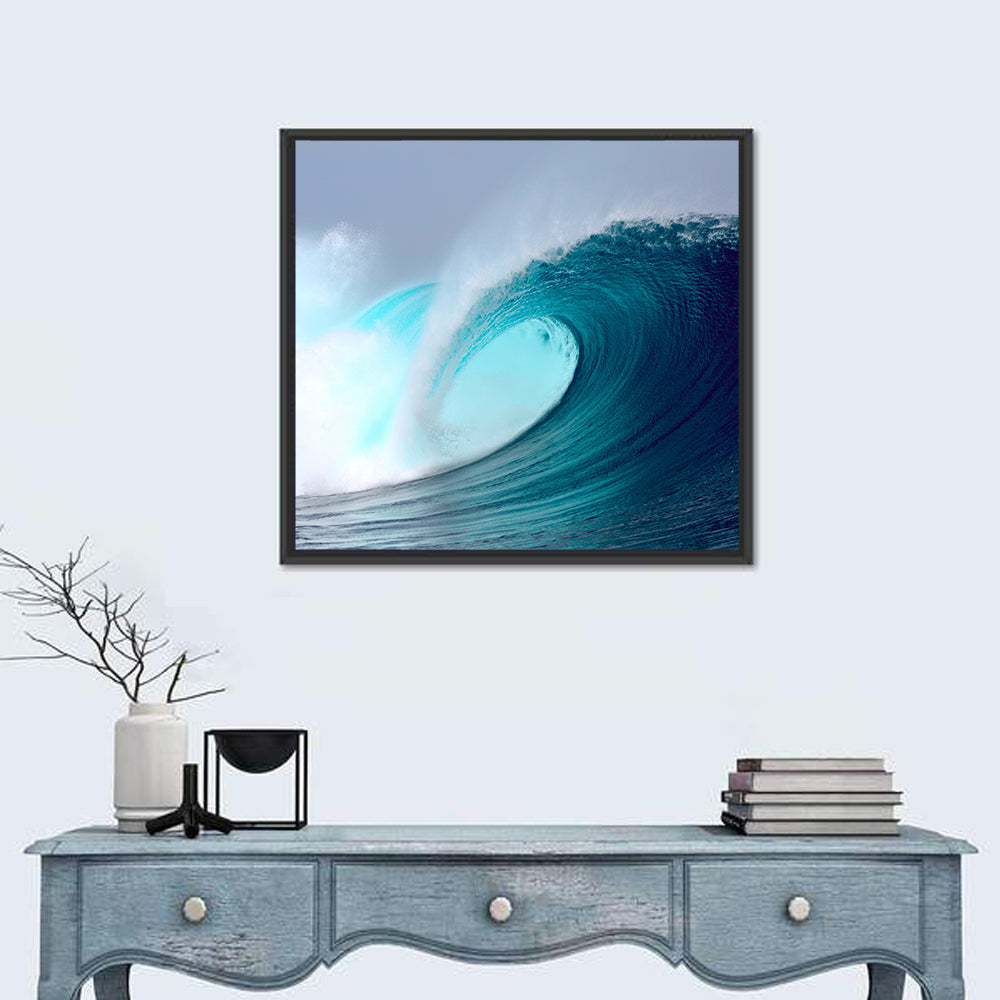 Tropical Blue Barrel Wave Wall Art in a room, square