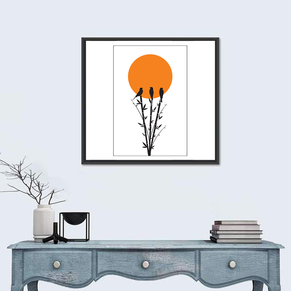 Bamboo and Birds Silhouette Wall Art in a room, square