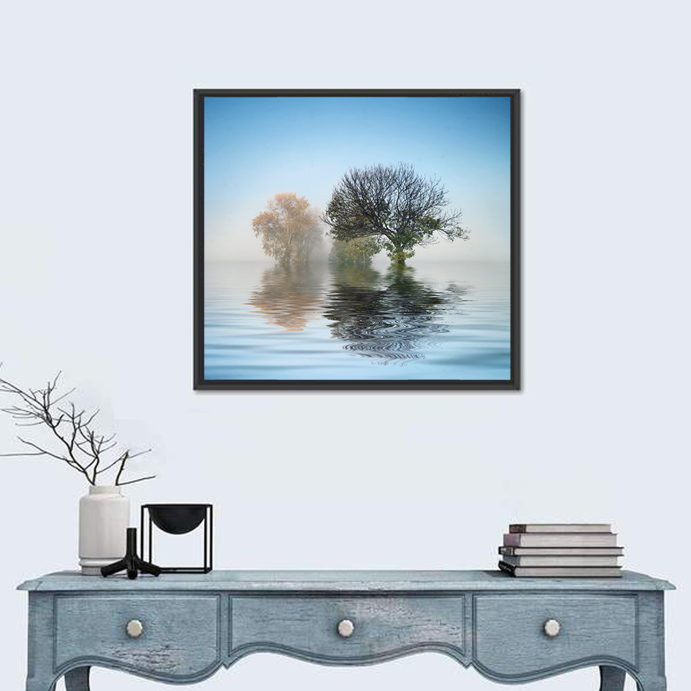 Misty Lake Reflection Wall Art in a room, square