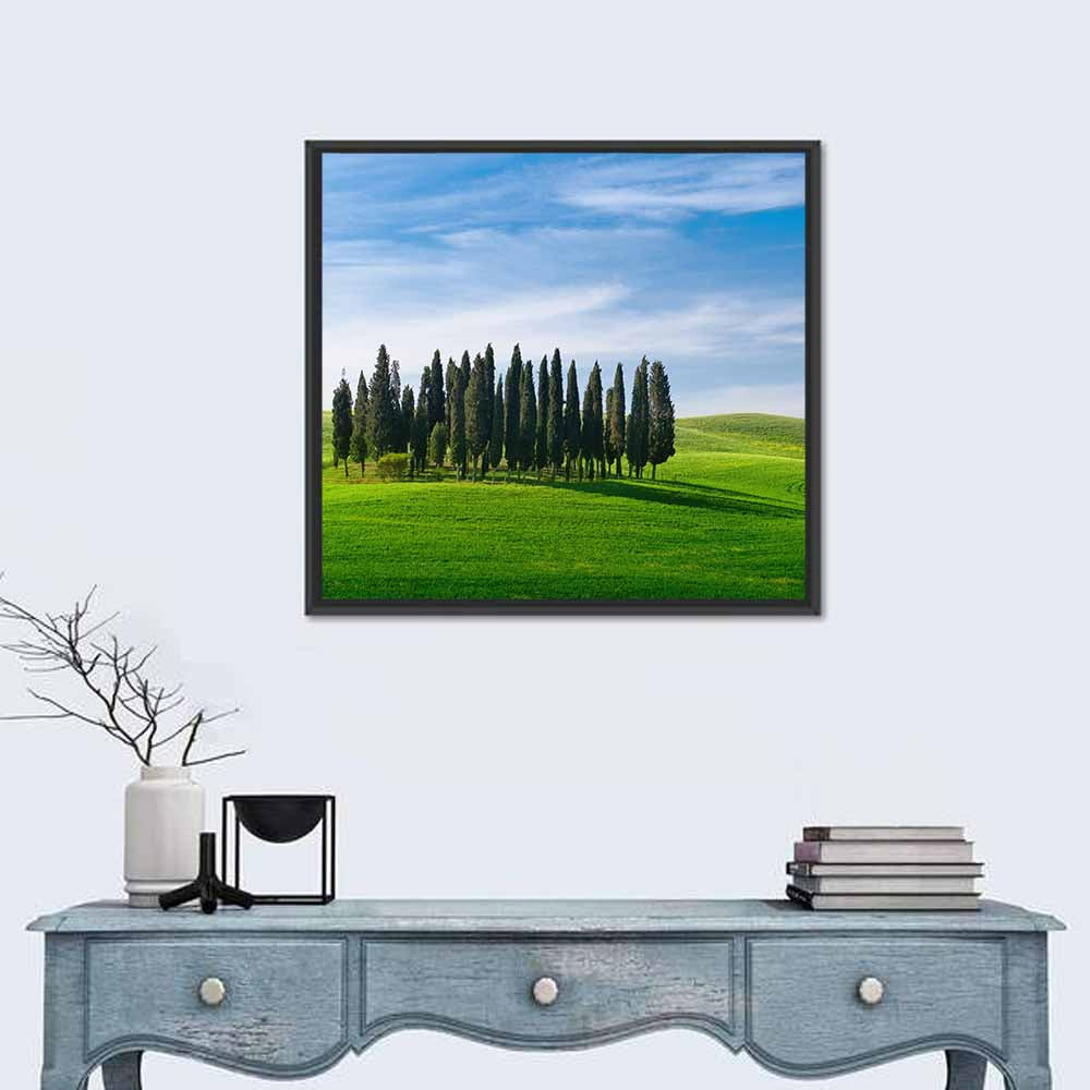 Tuscany Rolling Hills with Cypresses Wall Art in a room, square