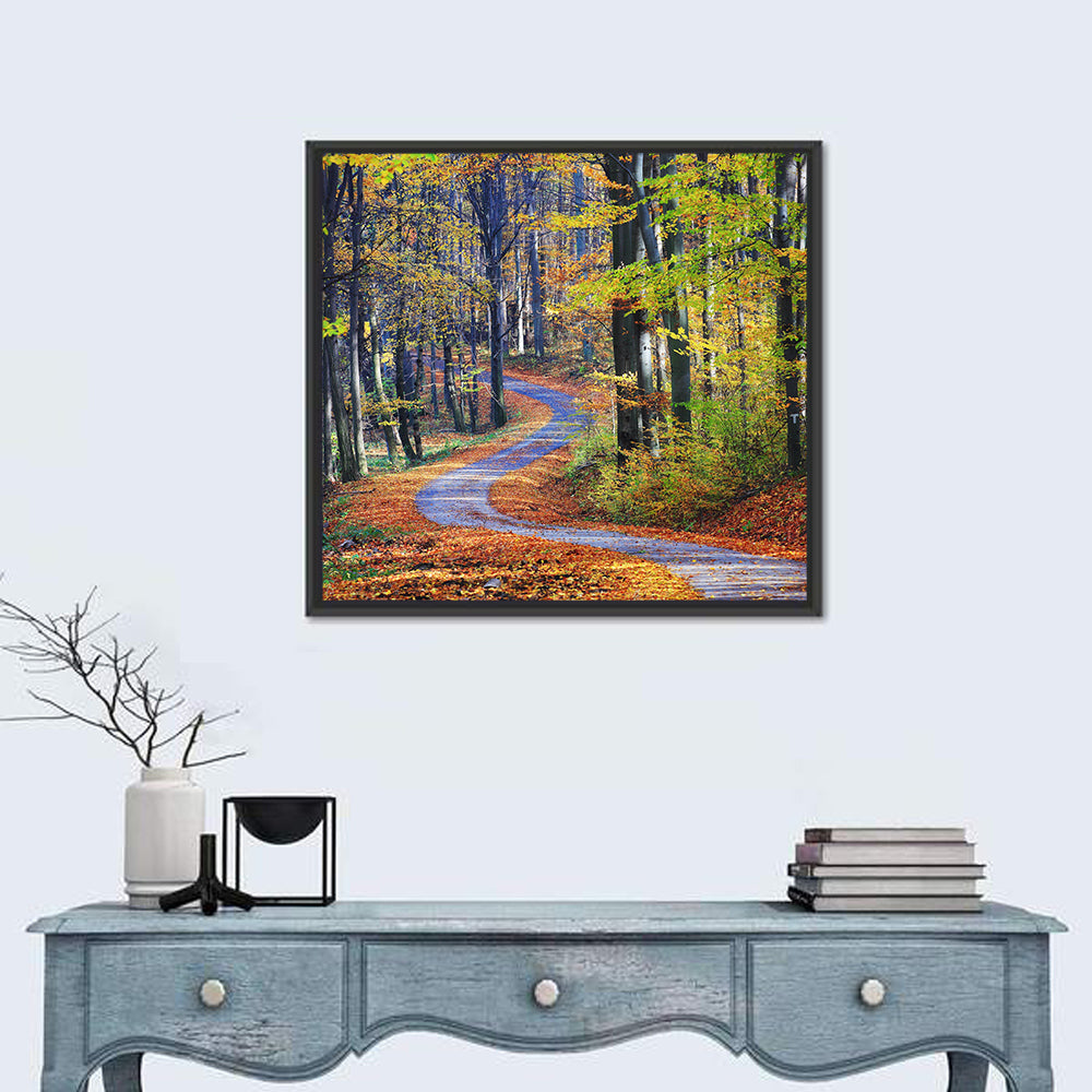 Winding Autumn Forest Path Wall Art in a room, square