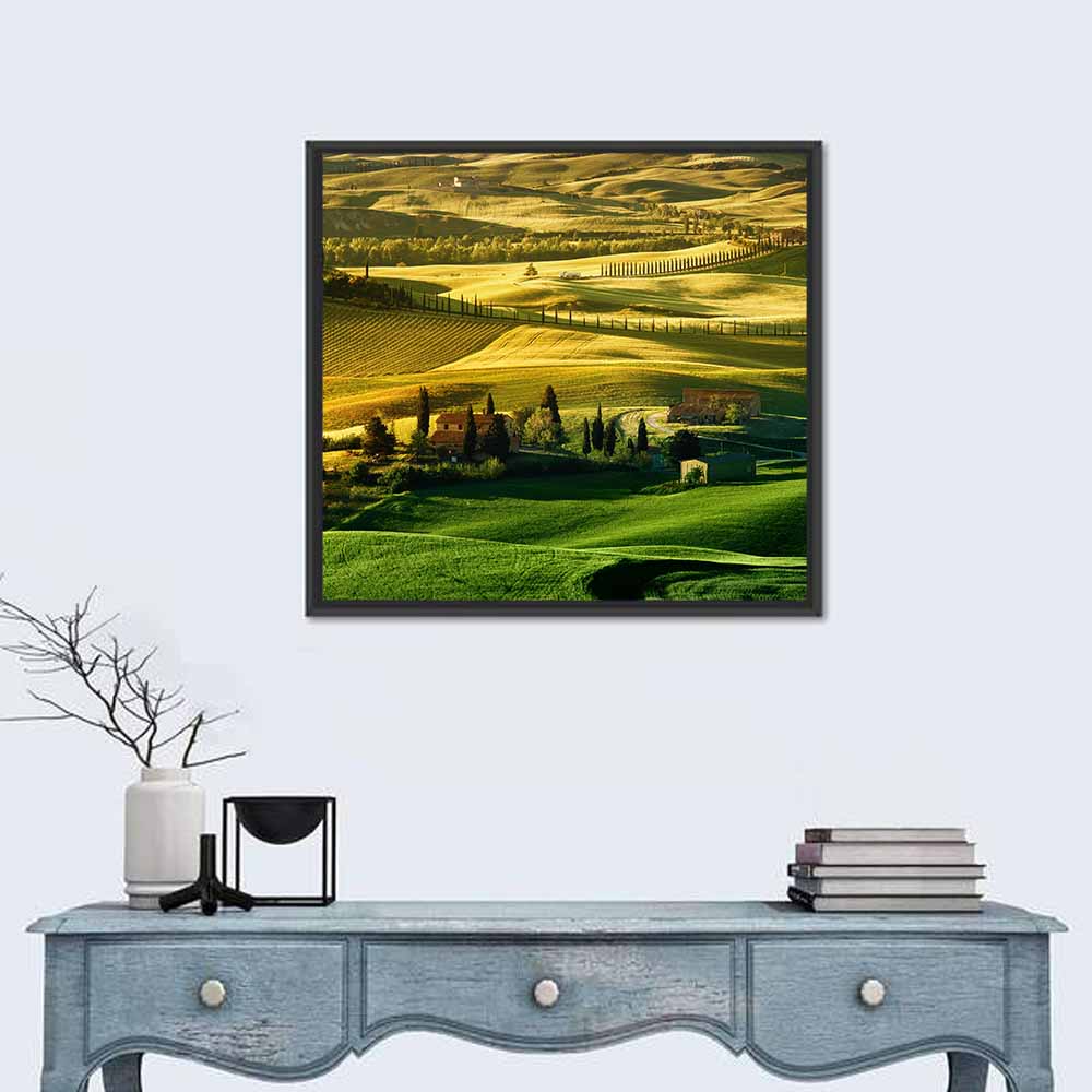 Tuscany Fields at Golden Hour Wall Art in a room, square