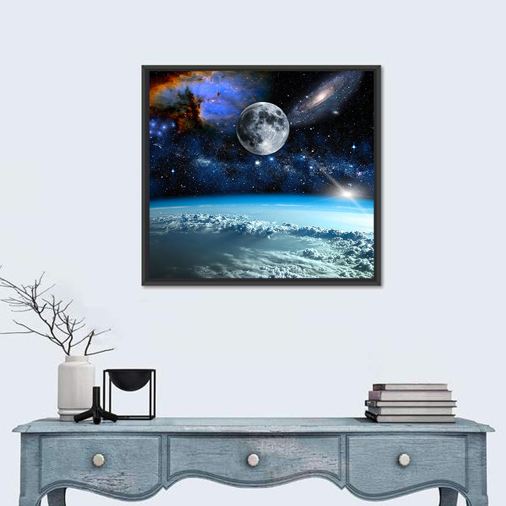 Earth and Moon Over Clouds Wall Art