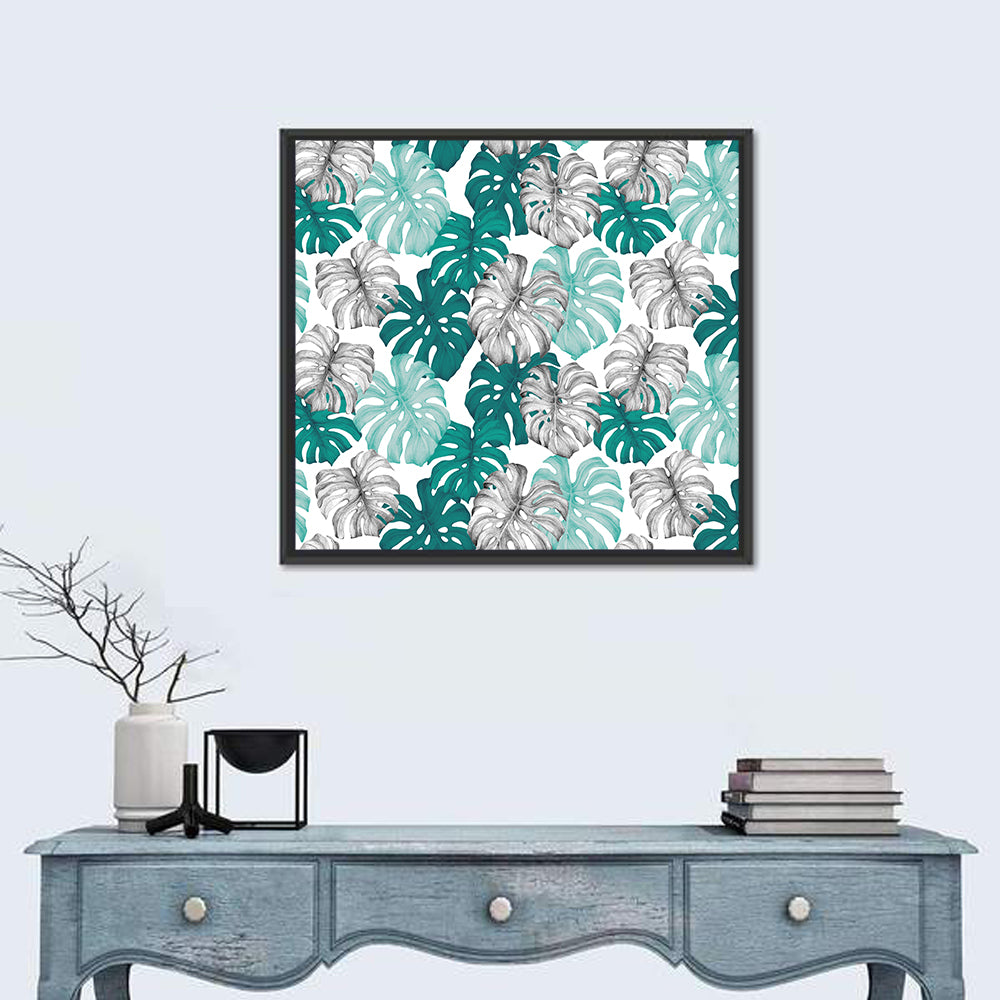 Seamless Monstera Leaf Pattern Wall Art in a room, square