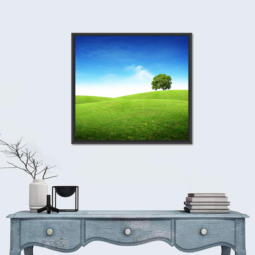 Lone Tree on Rolling Green Hill Wall Art in a room, square