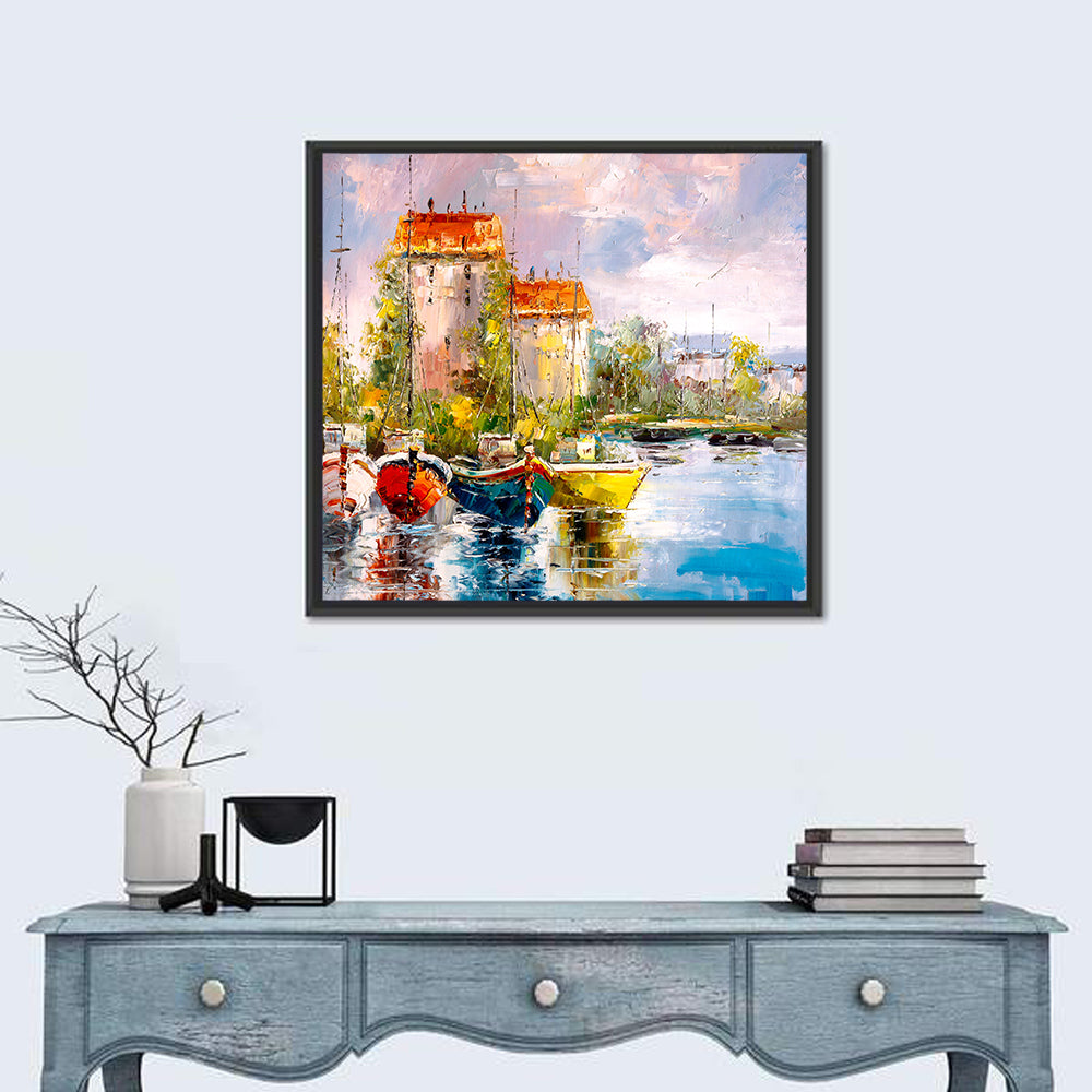 Impressionist Harbor with Colorful Boats Wall Art in a room, square