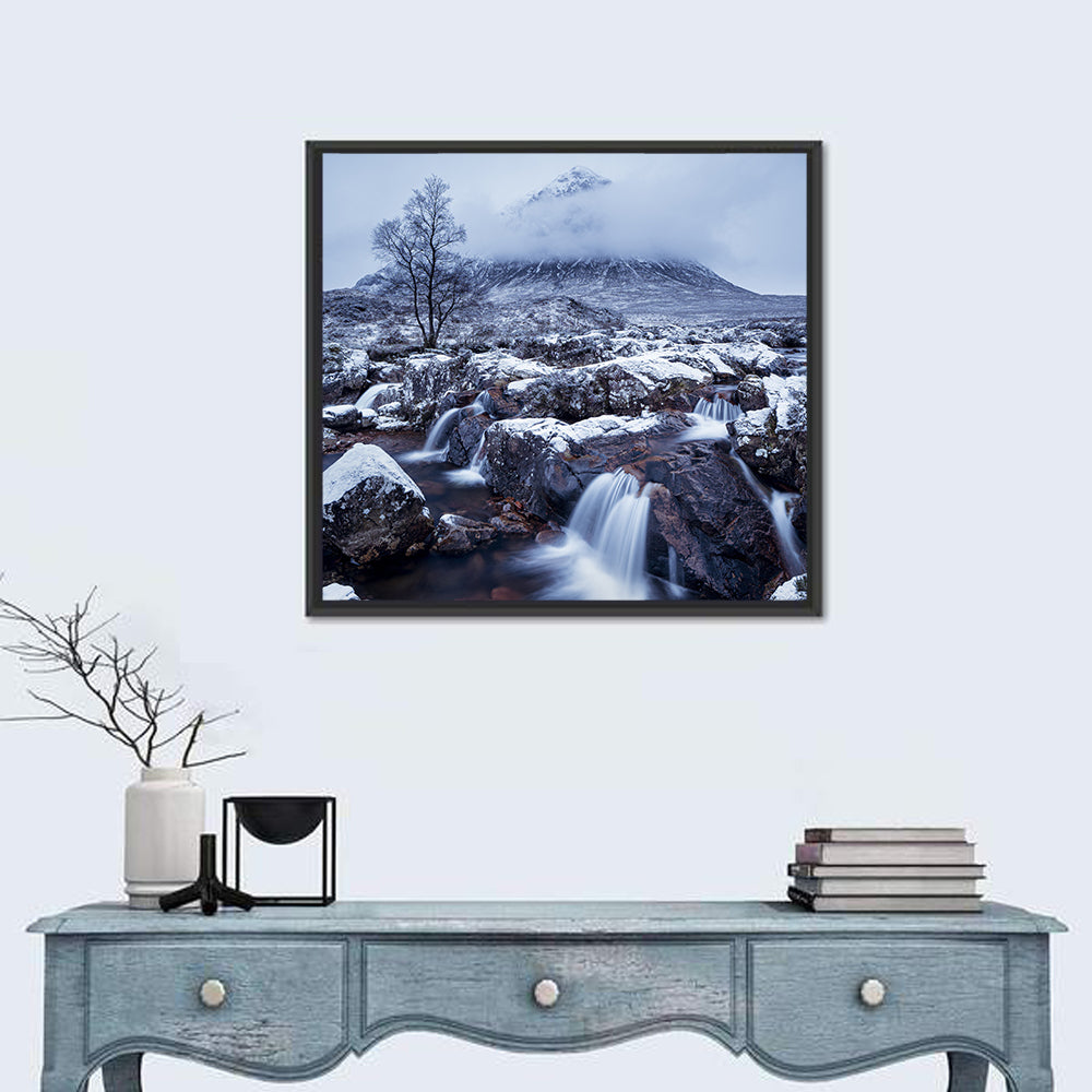 Buachaille Etive Mor Winter Mountain Wall Art in a room, square