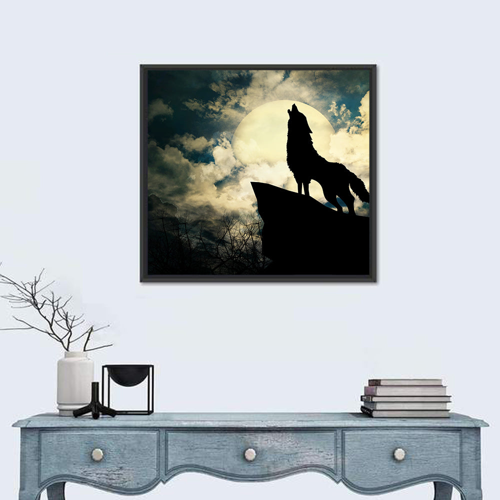 Howling Wolf Silhouette Against Full Moon Wall Art in a room, square