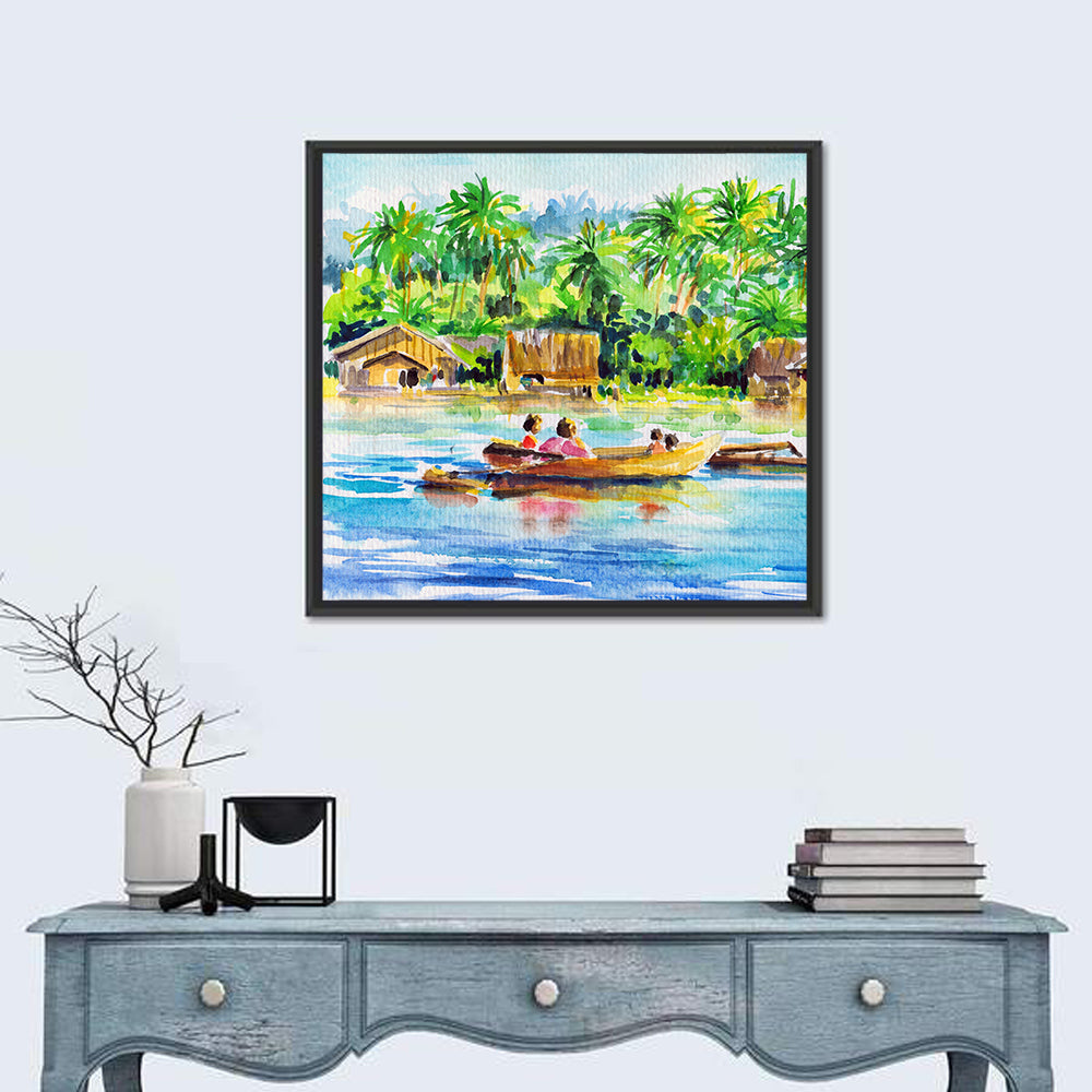 Boat in Tropical Village Wall Art in a room, square