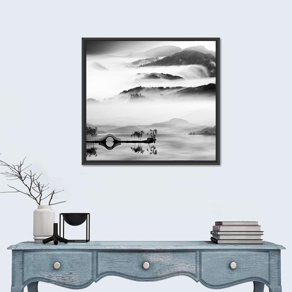 Misty Chinese Lake with Bridge Wall Art