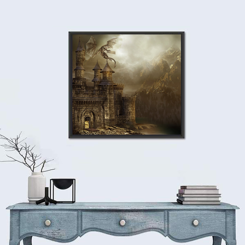 Dragon Perched on Castle Wall Art in a room, square