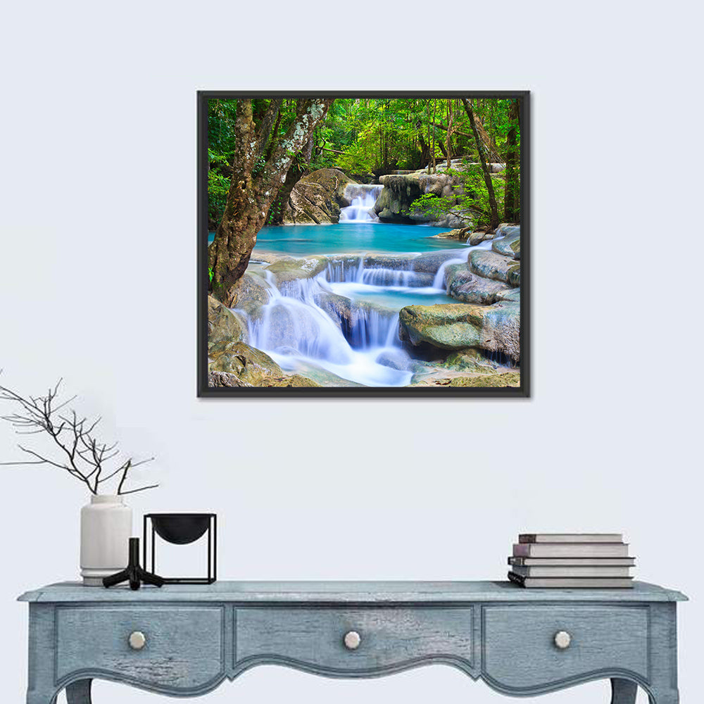 Erawan Waterfall Turquoise Pools Wall Art in a room, square