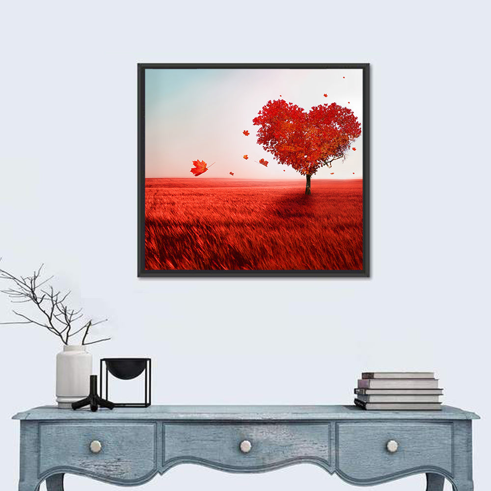 Heart-shaped Tree in Red Field Wall Art in a room, square