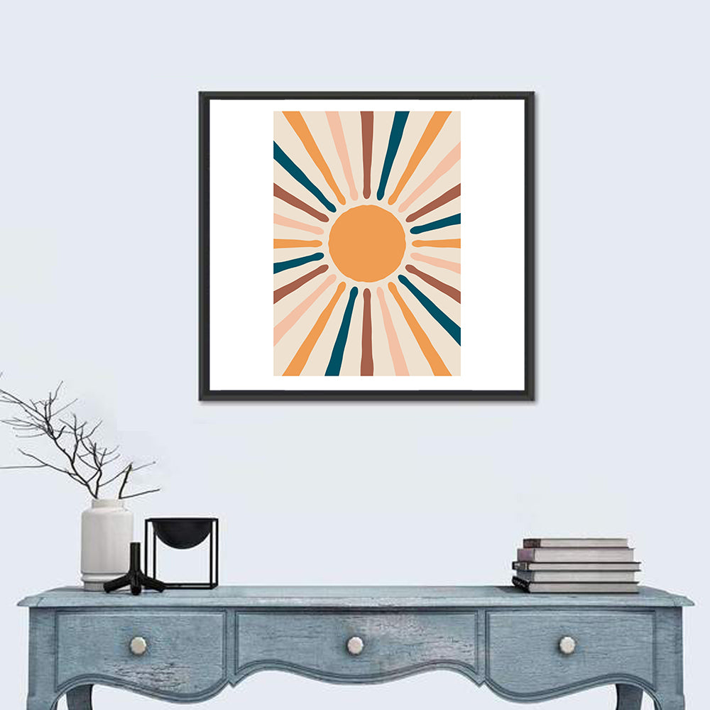 Boho Sunburst Abstract Wall Art in a room, square