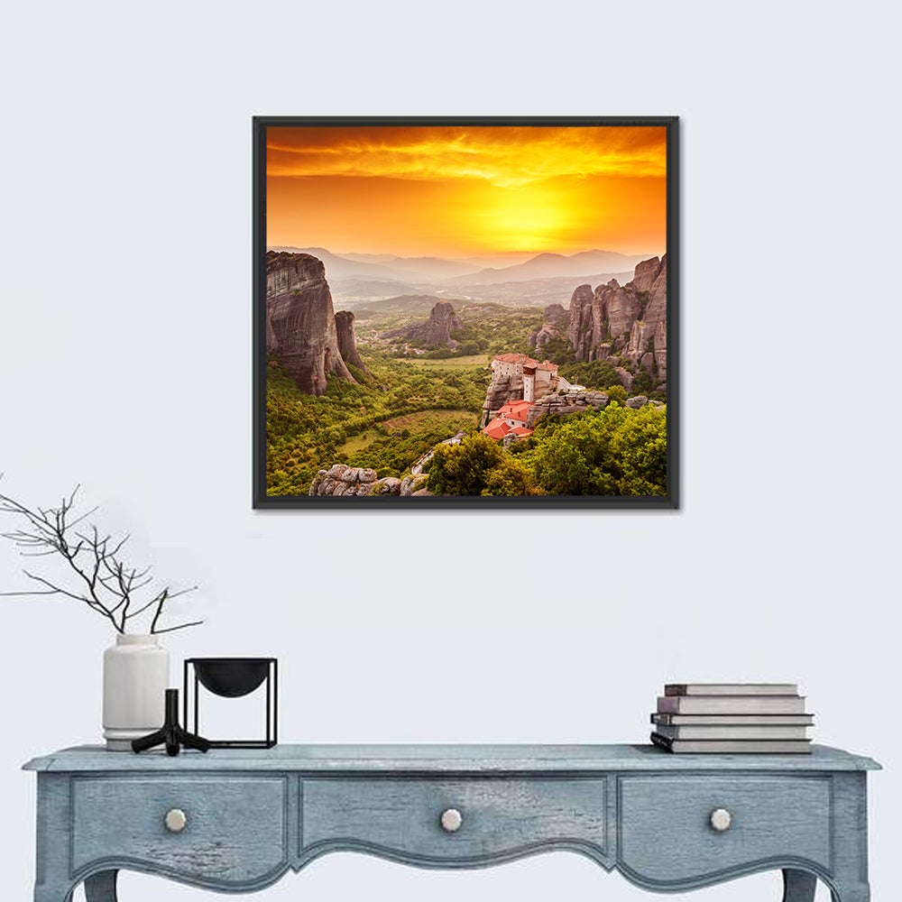 Roussanou Monastery Sunset, Meteora Wall Art in a room, square