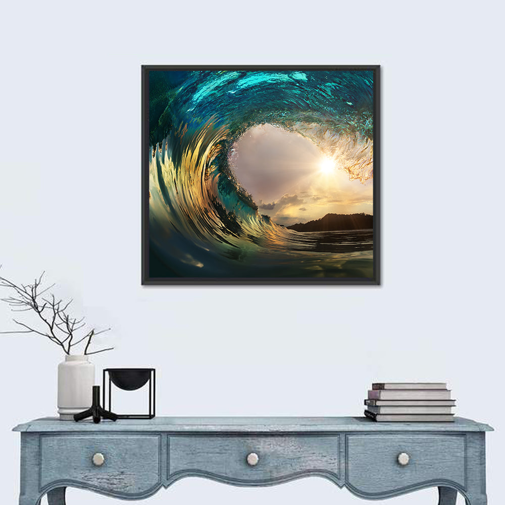 Sunset Barrel Wave Wall Art in a room, square
