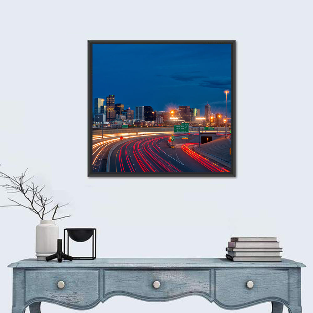 Denver Skyline with Light Trails Wall Art