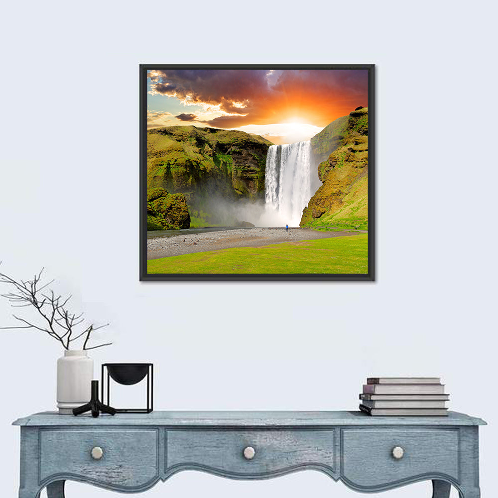 Skógafoss at Sunset, Iceland Wall Art in a room, square