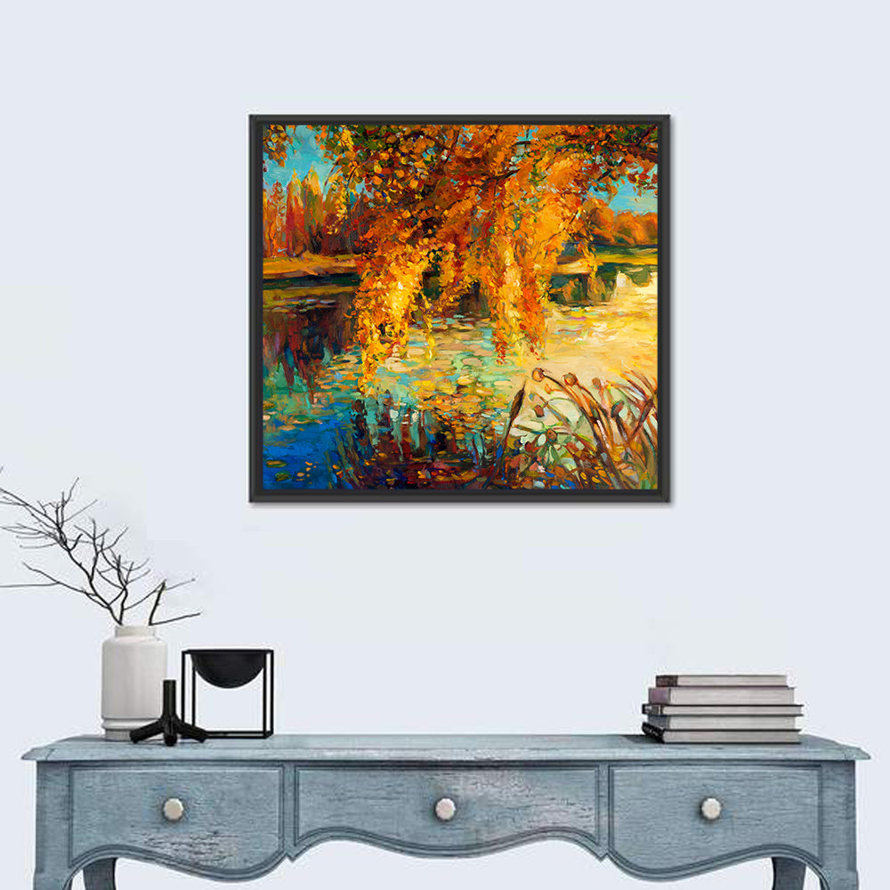 Autumn Lake with Weeping Willow Wall Art in a room, square