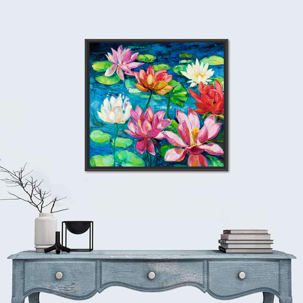 Overhead Lotus Pond Painting Wall Art in a room, square