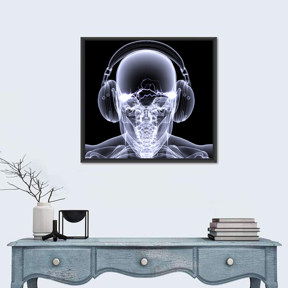 X-ray Skull with Headphones Wall Art in a room, square