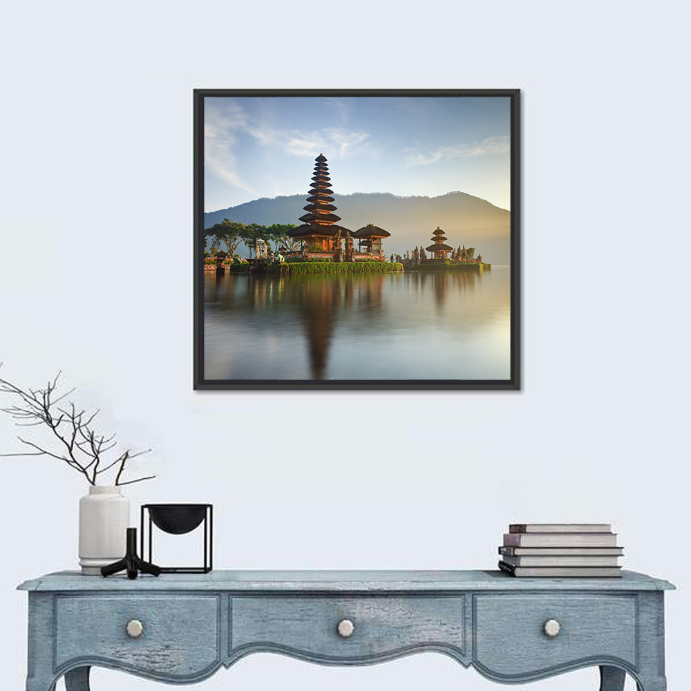 Ulun Danu Beratan Temple at Sunrise Wall Art in a room, square