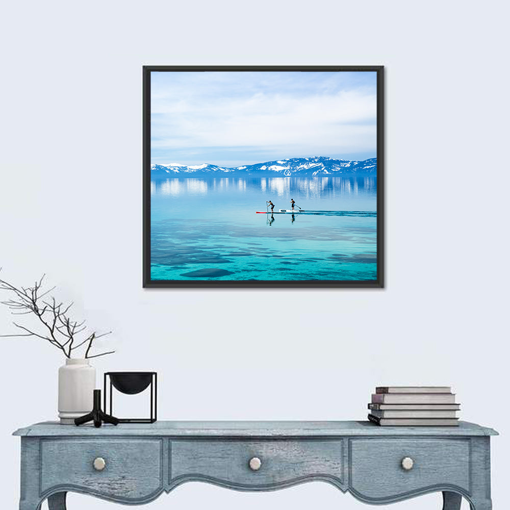 Two Paddleboarders on Mountain Lake Wall Art in a room, square