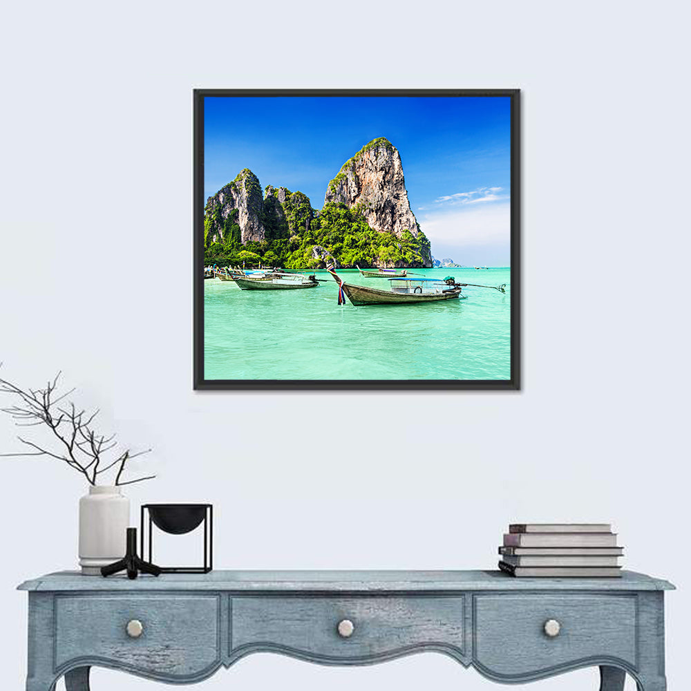 Railay Beach Long-tail Boats Wall Art in a room, square