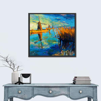 Windmills Near Lake Wall Art