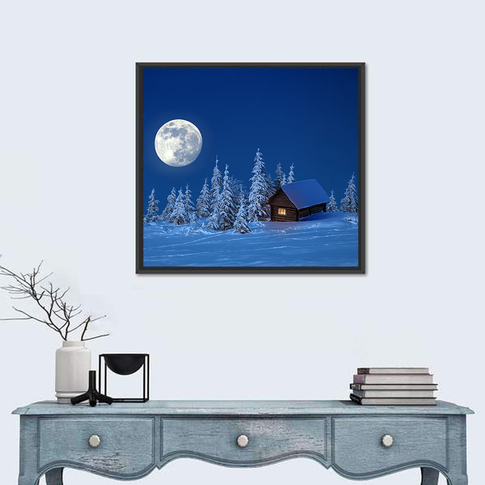 Moonlit Winter Cabin in Forest Wall Art