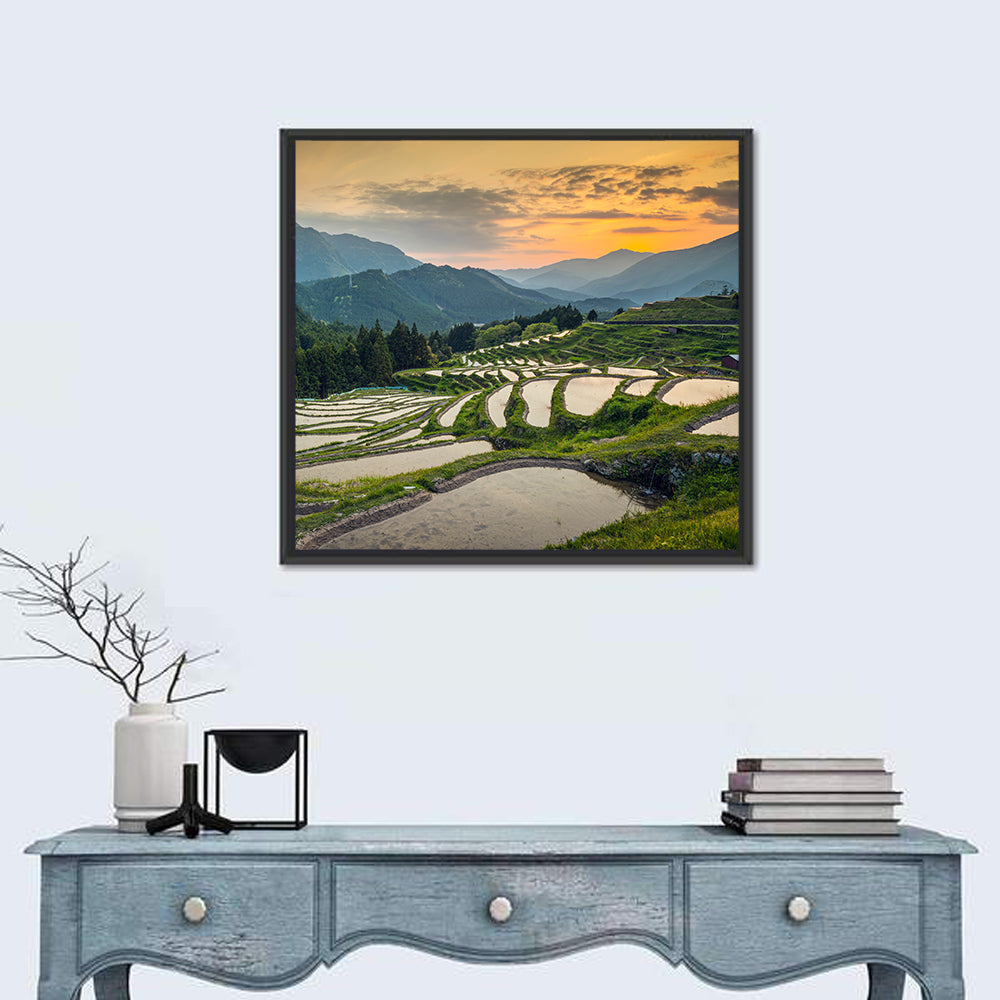 Sunset Over Japanese Rice Terraces Wall Art in a room, square